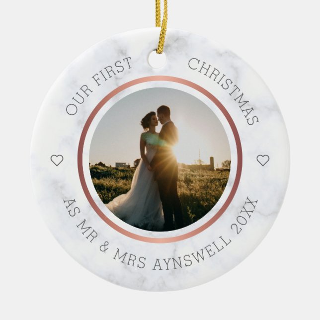 First Christmas Mr & Mrs Photo Elegant Marble Ceramic Ornament (Front)