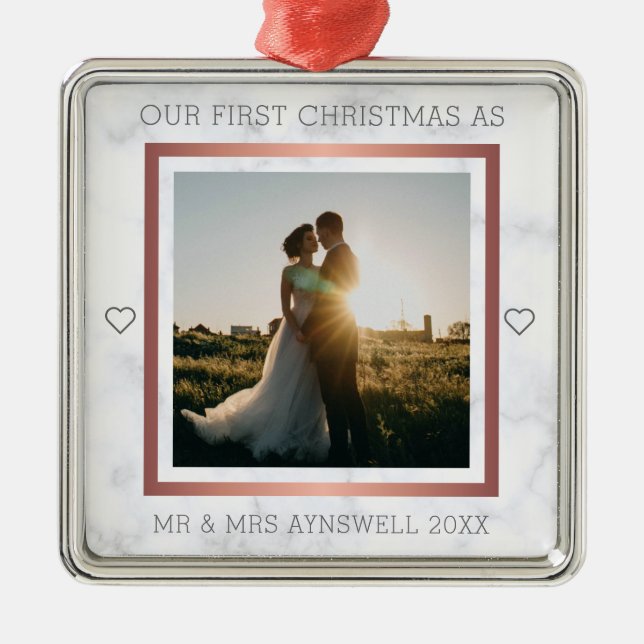 First Christmas Mr & Mrs Photo Elegant Marble Metal Ornament (Front)