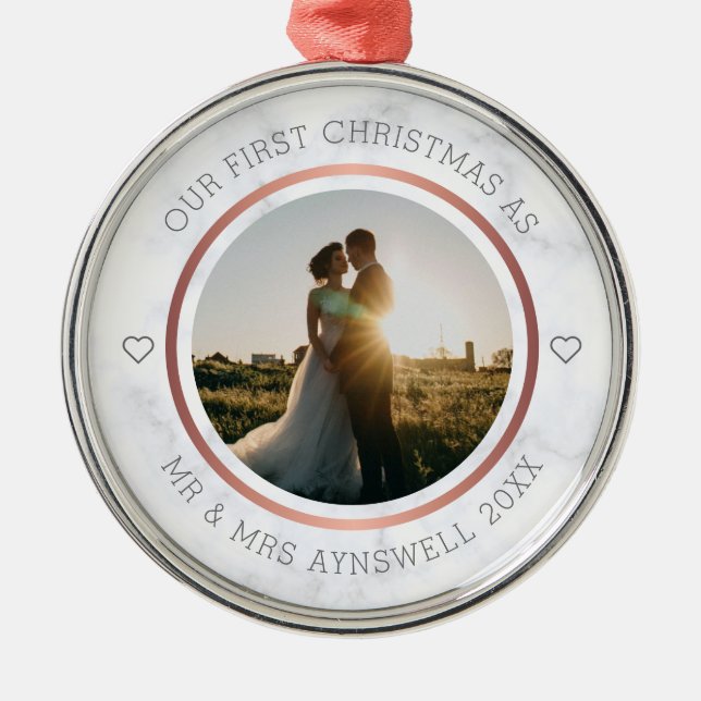 First Christmas Mr & Mrs Photo Elegant Marble Metal Ornament (Front)