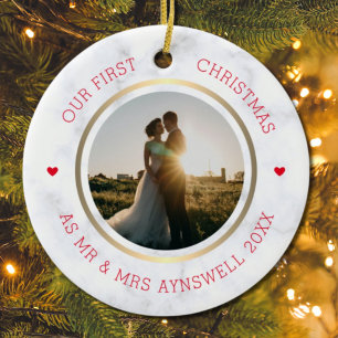 First Christmas Mr & Mrs Photo Modern Marble Ceramic Ornament
