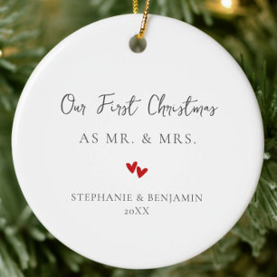 First Christmas Mr Mrs Red Hearts Couple Photo Ceramic Ornament