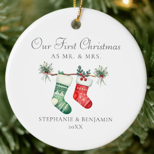 First Christmas Mr. Mrs. Stockings Greenery Photo Ceramic Ornament
