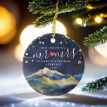 First Christmas Mr Mrs Watercolor Mountain Wedding Ceramic Ornament<br><div class="desc">Our First Christmas!
Modern Vintage Elegant Wedding Christmas Décor Ornaments Template - Blue Green and Faux Gold Foil Watercolor Mountains Landscapes Scenery.
These Designs Can Be Personalized For Your Special Occasion And Would Be Perfect For Your Wedding,  Bridal Shower,  Engagement Party,  Birthday Party And Many More Special Occasions.</div>