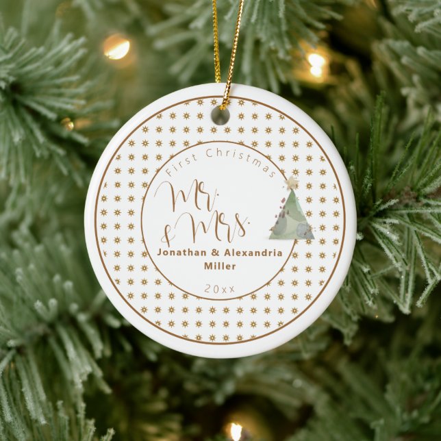 First Christmas Mr & Mrs | Watercolor Tree Ceramic Ornament (Tree)