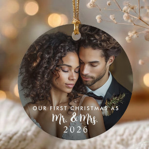 First Christmas Mr. & Mrs. Wedding Photo Metal Ornament