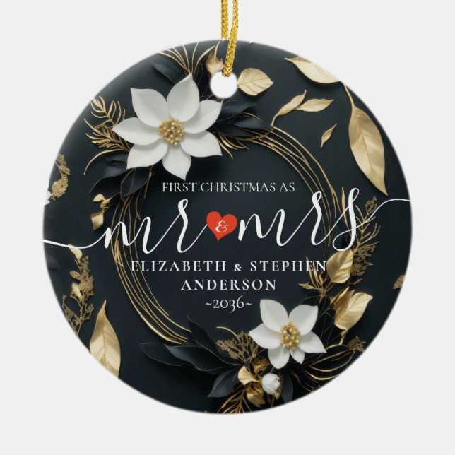 First Christmas Mr Mrs Wedding White Floral Wreath Ceramic Ornament (Front)