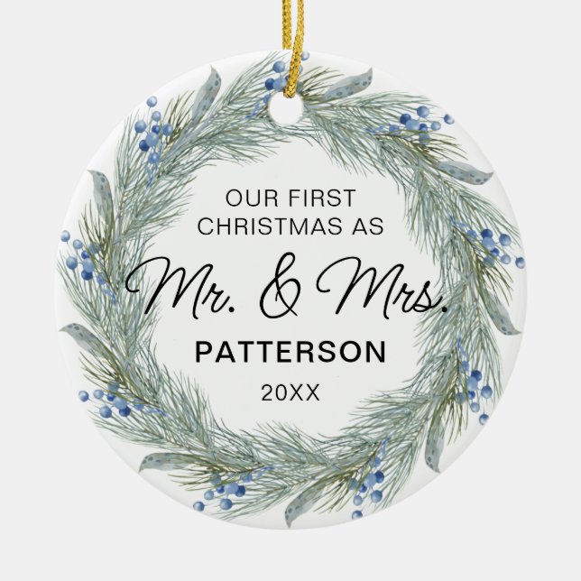 First Christmas Mr & Mrs Winter Floral Photo Name Ceramic Ornament (Front)