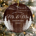 First Christmas Mr Mrs Wood For Gina Ceramic Ornament<br><div class="desc">First Christmas Mr & Mrs Wood Winter String Lights Ceramic Ornament. This design features beautiful string lights,  rustic winter pine trees and snow!</div>