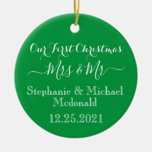 First Christmas Mrs & Mr Green Red Personalized Ceramic Ornament