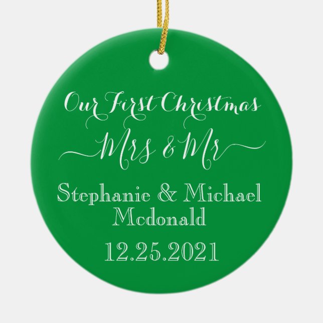 First Christmas  Mrs & Mr Green Red Personalized Ceramic Ornament (Front)