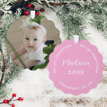 First Christmas Name And Baby Photo Pastel Pink  Ornament Card<br><div class="desc">This baby's first christmas tree ornament card makes a cute memento for your daughter. Add your favourite photo to the front. On the back is her name and year. Hang on the tree or use as a special personalized gift tag. To change the text and photo click on the personalize...</div>