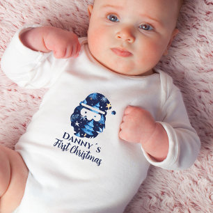 First Christmas Name Editable Santa Claus Blue Baby Bodysuit