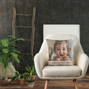 First Christmas Name Year Heart Photo Modern Throw Pillow