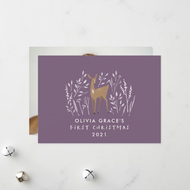 First Christmas natural reindeers delicate purple Holiday Card (Front/Back In Situ)