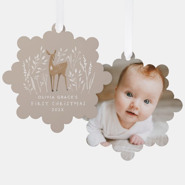 First Christmas natural reindeers elegant 1 photo Ornament Card (Front/Back)
