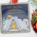 First Christmas New Address Santa on the Roof Metal Ornament<br><div class="desc">First Christmas in new home holiday ornament - which you can personalize with the year and your new address. Fun design with cozy house rooftop against the midnight sky with santa footprints in the snow and some gifts ready to come down the chimney.</div>