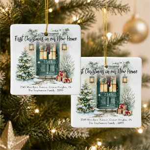 First Christmas New Home Address Watercolor Door Ceramic Ornament