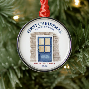 First Christmas New Home Blue Door Winter Boho Metal Ornament