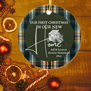 First Christmas New Home Cottage plaid PHOTO Ceramic Ornament