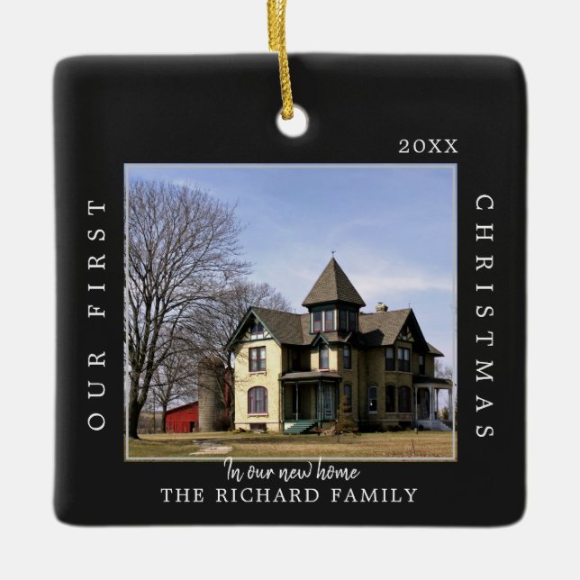 First Christmas New Home Custom Black Photo Ceramic Ornament (Front)