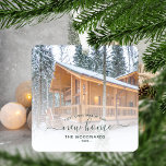 First Christmas New Home Custom Photo Green Script Metal Ornament<br><div class="desc">Commemorate your first Christmas in your new home with this beautiful modern keepsake ornament. The dark green text reads "First Christmas in our new home, " with the words "new home" in elegant handwriting script with flourishes before and after. Replace the sample image with a photo of your new house...</div>