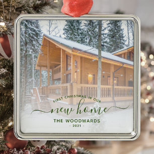 First Christmas New Home Custom Photo Green Script Metal Ornament