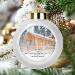 First Christmas New Home Custom Photo Grey Script Ceramic Ball Christmas Ornament<br><div class="desc">Commemorate your first Christmas in your new home with this beautiful modern keepsake ornament. The charcoal grey text reads "First Christmas in our new home, " with the words "new home" in elegant handwriting script with flourishes before and after. Replace the sample image with a photo of your new house...</div>