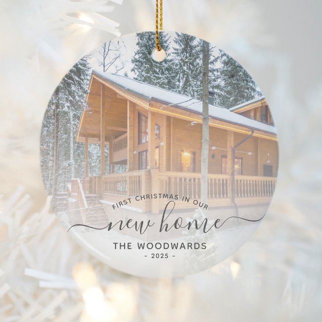 First Christmas New Home Custom Photo Grey Script Ceramic Ornament (Creator Uploaded)