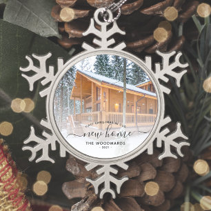 First Christmas New Home Custom Photo Grey Script Snowflake Pewter Christmas Ornament