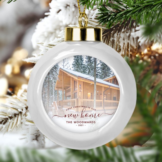 First Christmas New Home Custom Photo Red Script Ceramic Ball Christmas Ornament (Creator Uploaded)