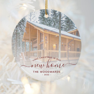 First Christmas New Home Custom Photo Red Script Ceramic Ornament