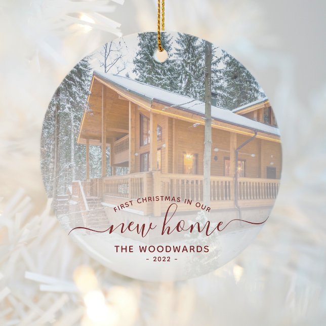 First Christmas New Home Custom Photo Red Script Ceramic Ornament (Creator Uploaded)