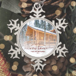 First Christmas New Home Custom Photo Red Script Snowflake Pewter Christmas Ornament<br><div class="desc">Commemorate your first Christmas in your new home with this beautiful modern keepsake ornament. The red text reads "First Christmas in our new home, " with the words "new home" in elegant handwriting script with flourishes before and after. Replace the sample image with a photo of your new house and...</div>