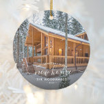 First Christmas New Home Custom Photo White Script Ceramic Ornament<br><div class="desc">Commemorate your first Christmas in your new home with this beautiful modern keepsake ornament. The white text reads "First Christmas in our new home, " with the words "new home" in elegant handwriting script with flourishes before and after. Replace the sample image with a photo of your new house and...</div>