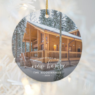 First Christmas New Home Custom Photo White Script Ceramic Ornament