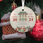 First Christmas new home family rustic Glass Ornament<br><div class="desc">Christmas in new home family cute keepsake tree ornament with a modern traditional Christmas floral wreath decorated pine green pretty house and a dark red casual typography personalized with family monogram name initial inside deer antlers.               Easy to customize with your new address details,  family name and monogram.</div>