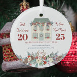 First Christmas new home family rustic Glass Ornament<br><div class="desc">Christmas in new home family cute keepsake tree ornament with a modern traditional Christmas floral wreath decorated pine green pretty house and a dark red casual typography personalized with family monogram name initial inside deer antlers.               Easy to customize with your new address details,  family name and monogram.</div>