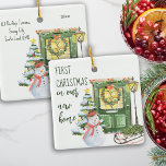 First Christmas New Home Festive Front Door Ceramic Ornament<br><div class="desc">First Christmas in new home holiday ornament - which you can edit for single, couples and families and personalize with the year and your new address. Festive christmas front door design, decorated with holly wreath and garland. The scene is set with cozy home elements including glowing lantern, christmas tree, snowman...</div>