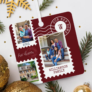 First Christmas New Home Fun Postage Stamp Photos  Metal Ornament
