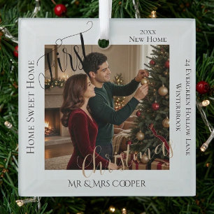 First Christmas New Home Newly Wed Couple's Photo Glass Ornament