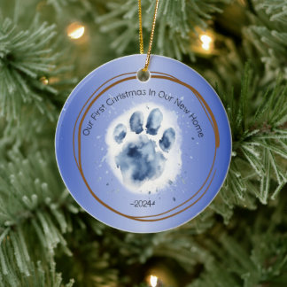 First Christmas New Home paw print quote blue Ceramic Ornament