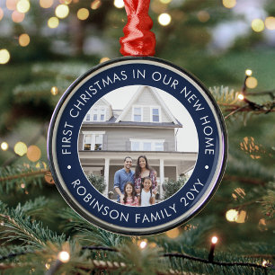 First Christmas New Home Photo Navy Blue and White Metal Ornament