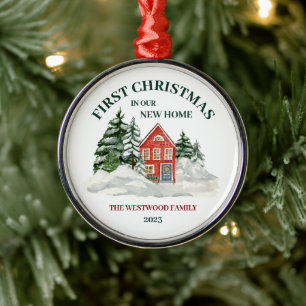 First Christmas New Home Red Brick Winter Boho Metal Ornament