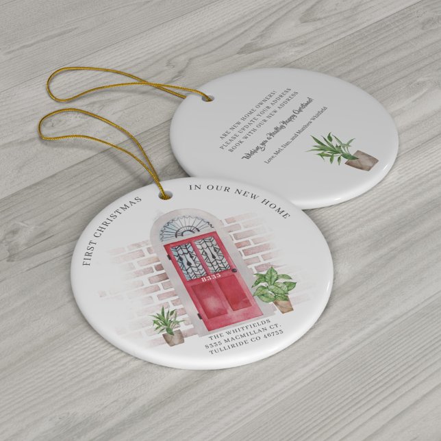 First Christmas New Home Red Door Chic Plants Boho Ceramic Ornament (New Address Announcement Holiday Ceramic Ornament)