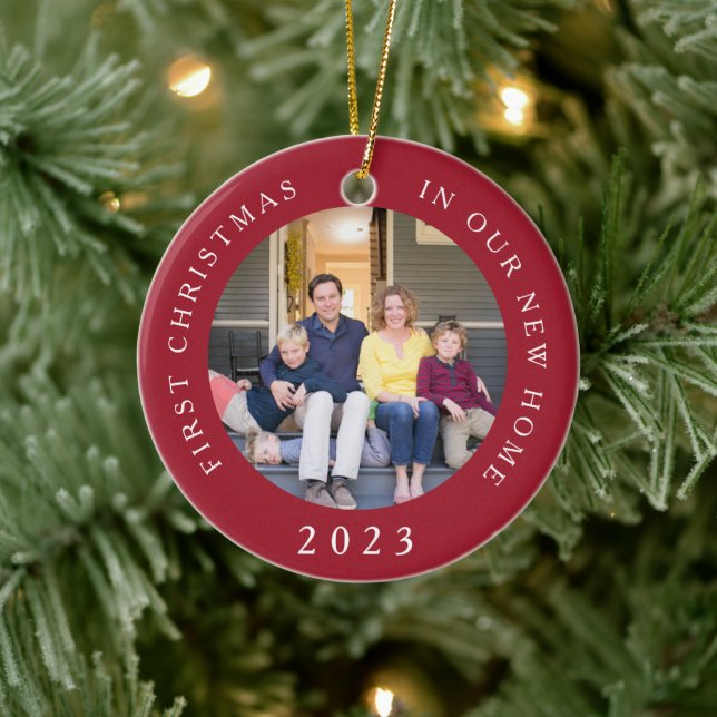 First Christmas New Home Red Photo Ceramic Ornament (Tree)
