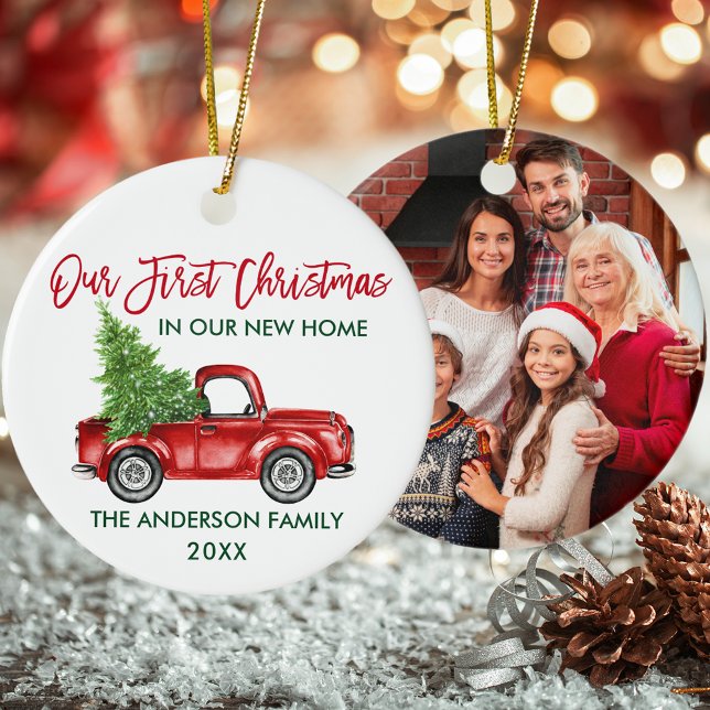 First Christmas New Home Red Truck PHOTO Ceramic Ornament (Customize with Name, Year and Photo.)