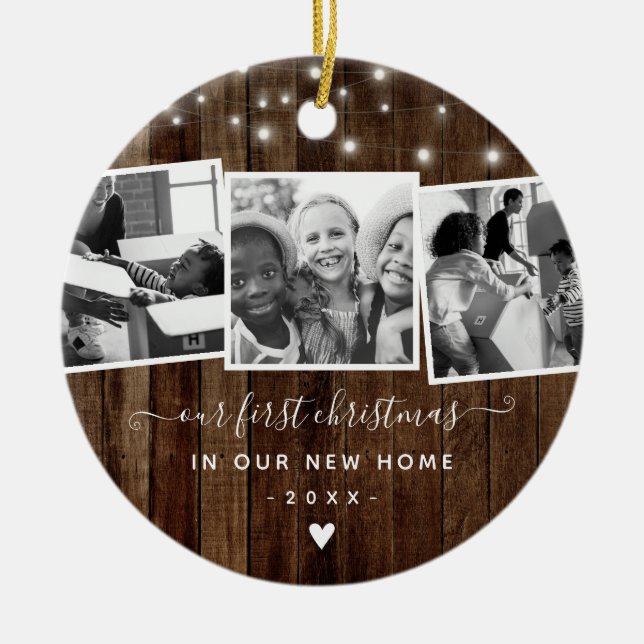 First Christmas New Home Rustic Wood Photo Collage Ceramic Ornament (Front)