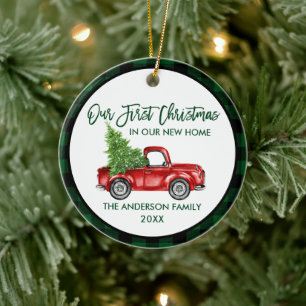 First Christmas New Home Truck Green Plaid Ceramic Ornament
