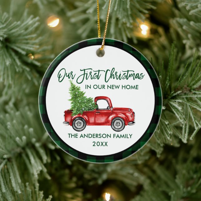 First Christmas New Home Truck Green Plaid Ceramic Ornament (Tree)