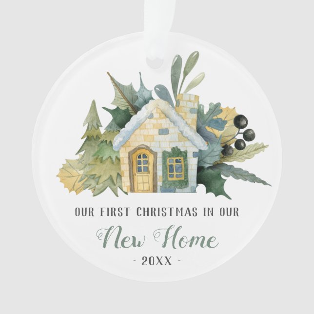 First Christmas New Home Watercolor House Green Ornament (Front)